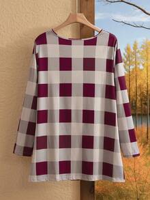 EMERY ROSE Plus Size Women Casual Plaid Print Long Sleeve T-Shirt, Autumn - Burgundy - View 2