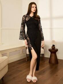 Elegant Mature Sexy French Lace Robe For Women, Fall - Black - View 3