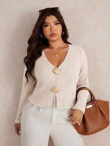Elaquor Plus Size Women Casual Basic Versatile Urban Chic Metal Buckle Decor Elastic Ribbed V-Neck Solid Color Long Sleeve T-Shirt, Autumn - Apricot - View 5