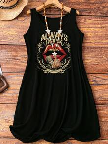 SHEIN LUNE 大码休闲简约红唇印花圆领女式无袖连衣裙，适合夏季 - 黑色 - 查看 1