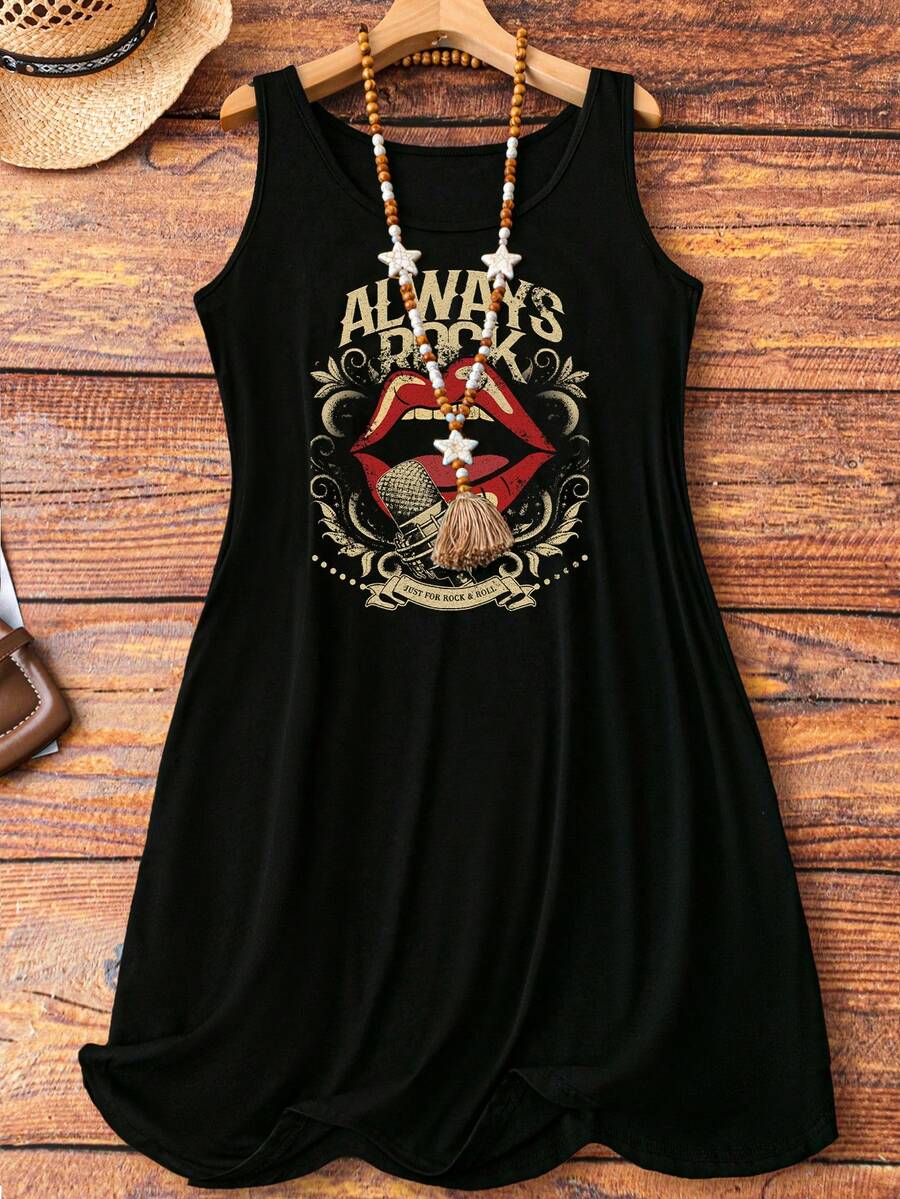 SHEIN LUNE 大码休闲简约红唇印花圆领女式无袖连衣裙，适合夏季 - 黑色 - 查看 1