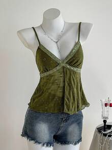 Comfortcana 女士优雅浪漫军绿色刺绣吊带背心