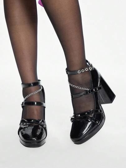 Grunge Punk Lolita Women's Mary Jane Shoes, Gothic Punk Style High Heel Round Toe Platform Shoes With Buckle Strap, Suitable For JK Uniform And Skirts