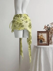 SHEIN Unity Thắt lưng lưới vá kiểu Punk cổ điển, chân váy mini cạp thấp - Màu Mù tạt vàng - Xem 2