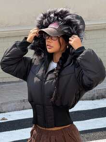 SHEIN Teen Girls Black Winter Streetwear Basic Quilted Coat With Flannelette Hat,Street Fashion Sports Travel, Suitable For Autumn And Winter,Back To School Season Black Jacket Teen Girl Cropped Puffer Jacket Fall - Black - View 3