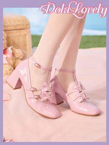 Dola Lovely 女士粉色粗跟方头可爱高跟鞋，蝴蝶结、仿珍珠、蕾丝装饰，浪漫礼物，适合派对、圣诞节、万圣节等场合 - 粉色 - 查看 4