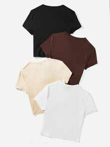SHEIN EZwear 4件套休闲骷髅、樱桃、西部牛头、芙蓉花图案圆领短袖短款上衣套装，合身，适合夏季女士 - 彩色 - 查看 2