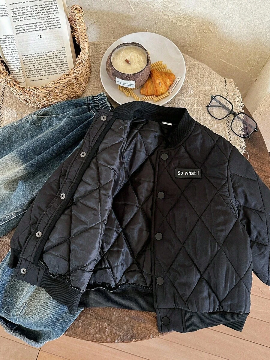SHEIN Abrigo acolchado con botones de béisbol para niños pequeños - Negro - Ver 1