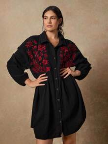 Freevana 大码连衣裙 女士秋季服装 冬季服装 圣诞时尚休闲办公室时尚小黑裙 外出时尚复古风女士狂欢装 西部波西米亚风机场装 复古刺绣衬衫裙 - 黑色 - 查看 1