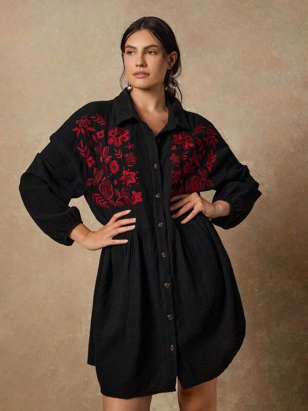 Freevana Plus Size Dresses Fall Clothes For Women Winter Clothes Christmas Chic Casual Office Alt Little Black Dress Going Out Old Money Style Women Rave Outfits Western Boho Chic Airport Outfit Vintage Embroidery Shirt Dress