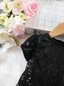 SHEIN Váy đen không tay đính hạt thanh lịch và dễ thương cho bé gái - màu đen - Xem 4