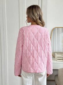 SHEIN LUNE Áo khoác chần bông có túi và nơ cho nữ, màu đỏ và trắng, mùa thu/đông - Đỏ và trắng - Xem 4