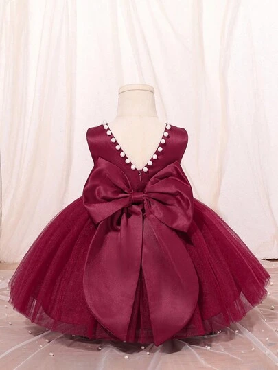 SHEIN Glamorique Kids 圣诞公主女童连衣裙、花童舞会礼服、婚礼派对用酒红色薄纱泡泡袖连衣裙、白色串珠V字背大蝴蝶结公主裙