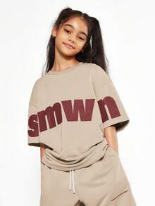 SUMWON Oversized Tween Girls Logo Printed T Shirt Shorts Wear Co Ord Streetwear Casual Weekend Holiday Athleisure Sporty Spring Summer Outfit - Khaki - View 3