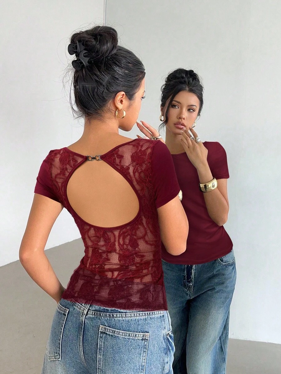 Siren Gaze Áo thun nữ hở lưng phối ren vai thường, kiểu Mỹ, xếp ly ôm sát, tay ngắn, thích hợp cho mùa hè, màu đỏ, Giáng sinh, Năm mới, màu đỏ tía, phong cách thường ngày, Ngày Valentine. - Màu Đỏ Sâu - Xem 1