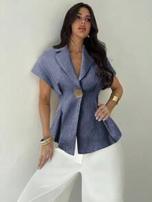 Firerie Camisa de mujer de lino con pliegues en la cintura, manga corta, con botón de metal, azul marino, para uso casual u oficina - Azul y blanco - Ver 5