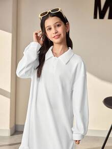 少女白色秋季可愛校服洋裝，時尚花卉印花荷葉邊裙襬洋裝，少女秋季服飾套裝 - 白色 - 查看 6