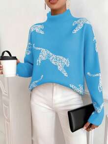 EMERY ROSE Women Animal Print Turtleneck Long Sleeve Knit Sweater
