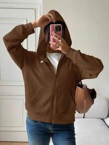 SHEIN EZwear 秋冬女士时尚休闲长袖连帽拉链夹克 - 棕色 - 查看 6