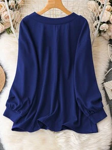 EMERY ROSE Plus Size Casual Solid Color Loose T-Shirt, Autumn - Blue - View 2