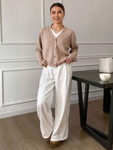 DAZY Women's Casual V-Neck Cardigan, Solid Color, Autumn Long Sleeve Tops - Khaki - View 3