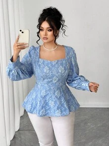 SHEIN Elenzya 大码女式泡泡袖优雅衬衫，适合外出和聚会 - 藍色 - 查看 6