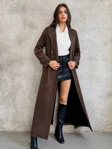 SHEIN Unity 女士休闲长款绒面革羊毛夹克，通勤风格，秋冬 - 棕色 - 查看 4