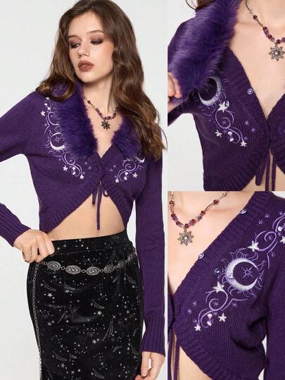 Hippie Women's Mysterious Dark Night Witch Style Vintage Luxurious Furry Patchwork Sun & Moon Embroidered Knit Cardigan