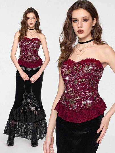 EDITION Top tubo da donna in stile vintage ispirato alla strega, con patchwork in pizzo e paillettes, colore bordeaux