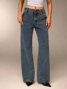 Avantive 女装夏季新款低腰直筒金属纽扣宽松深蓝色水洗牛仔裤 - 淺色水洗藍 - 查看 4