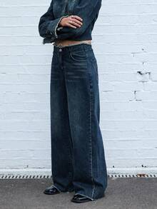 COUREZ Low Rise Baggy Fit Jeans With Distressed Waist In Dirty Blue Wash /Y2K Casual Spring Clothes  Women Clothes Cute Wide Leg Pants Low Rise Jeans - Blue - View 5