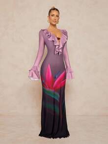 Lumalex 女式渐变色花卉印花露背荷叶边下摆喇叭袖紧身连衣裙 - 藕粉色 - 查看 5