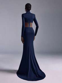 Elitara Minimalist Red Rhinestone Embellished Mermaid Maxi Dress, Suitable For Attending Parties, Gatherings, And Formal Dinners - Navy Blue - View 4