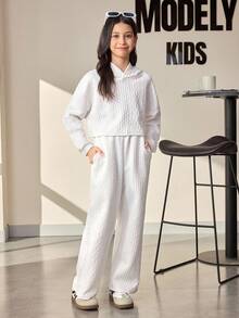 SHEIN Tween 女童休闲日常纯色纹理面料落肩宽松连帽衫和直筒裤套装，春秋季 - 白色 - 查看 4