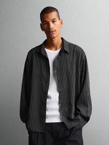 SUMWON Oversized Business Casual Pinstripe Long Sleeve Button Down Shirt Classic Professional Office Wear Regular Length Menswear Plain - Black - View 8