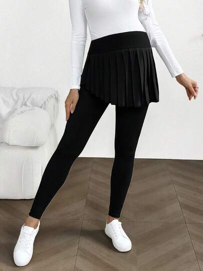 SHEIN Maternity Ruffled Hem Solid Color Skirt With Leggings (2-In-1)