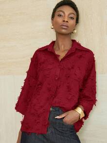 Aveloria Modichic 3/4 Sleeve Olive Green Shirt, Simple Cut, Loose Fit, Classic Collar, Comfortable To Wear - Red - View 5