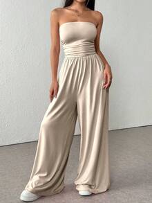 Flirla 休闲百褶宽松连体裤，四季皆宜 - 杏色 - 查看 4