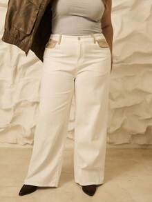 Aralina 大码休闲 Y2K 可爱曲线秋冬高腰贴袋细节阔腿牛仔裤 女士教师节和生日礼物 - 白色 - 查看 6