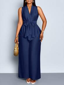 SOLERSUN Plus Size Solid Color Sleeveless Top And Wide Leg Pants 2 Pieces Set - Blue - View 4
