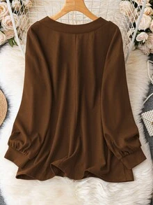 EMERY ROSE Plus Size Casual Solid Color Loose T-Shirt, Autumn - Chocolate Brown - View 2