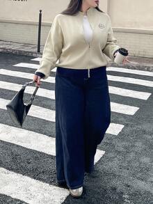 Dazy Plus Chaqueta de punto con cremallera y bloqueo de color con patrón bordado, informal y de talla grande para mujer, otoño/invierno - Albaricoque - Ver 13