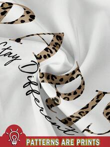 EMERY ROSE 休闲豹纹“Paris”字母图案 V 领短袖修身大码女式 T 恤，适合夏季 - 白色 - 查看 3