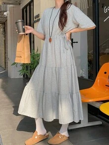 DAZY 女士休闲日常通勤简约纯色收腰层叠下摆连衣裙，夏季吊带裙 - 灰色 - 查看 3