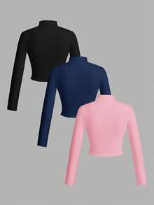 Slaydiva 3 件套女士简约休闲秋冬 V 领拉链紧身长袖 T 恤，白色+黑色+灰色 - 粉色 - 查看 2