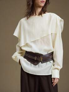 Ontre 优雅风格，简约设计，包含亚麻、醋酸纤维、天丝面料，奶油黄色，长袖，船领，双层领口，宽松版型，女式 T 恤，女式上衣，秋季服装，日常穿着，休闲装，商务休闲装 - 奶油色 - 查看 7