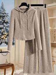 Franclia 여성용 단색 후드 긴소매 상의 및 바지 2벌 세트