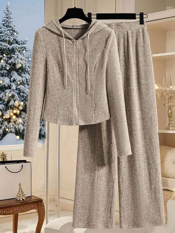 Franclia Women's Solid Color Hooded Long Sleeve Top And Pants 2 Pieces Set, Christmas