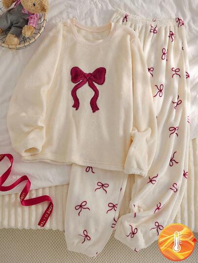 Genkimix Kids 1 套少女蝴蝶结装饰奶油色长袖蓬松毛衣 + 蝴蝶结缀饰毛绒睡裤，弹力针织面料，可机洗，舒适合身的家庭装（1 套单独出售）