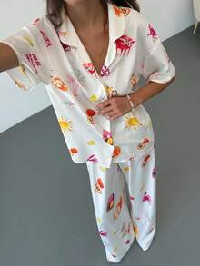 Aloruh Women's Vacation Casual Tropical Print Shirt & Pants 2 Pieces Set - Multicolor - View 3